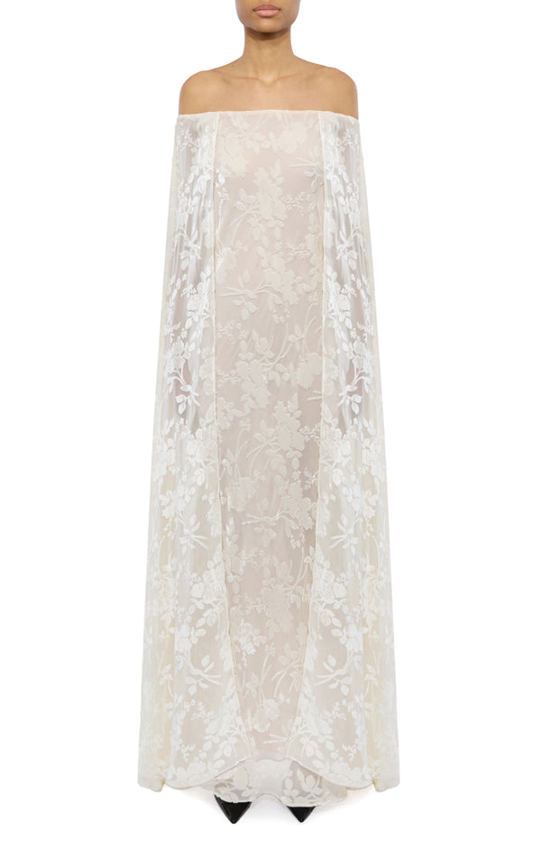 rodarte Off White Floral Velvet Devoré Off the Shoulder Cape Gown