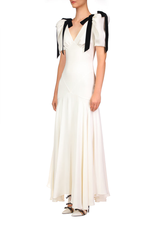Rodarte Off White Silk Crepe Bias Dress With Velvet Ribbon Bow Details