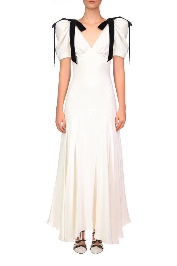 rodarte Off White Silk Crepe Bias Dress With Velvet Ribbon Bow Details