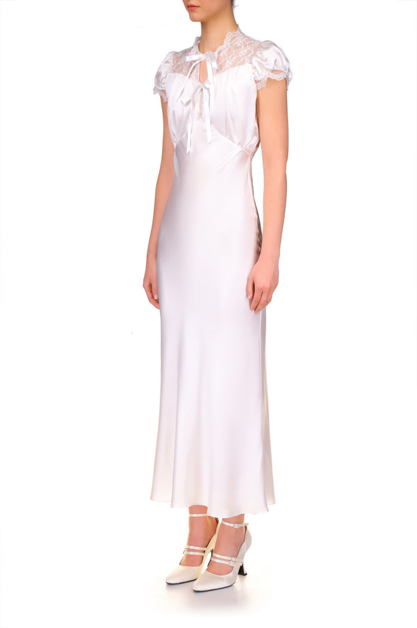 Rodarte Off White Silk Satin Bias Dress With Lace And Ruffle Details
