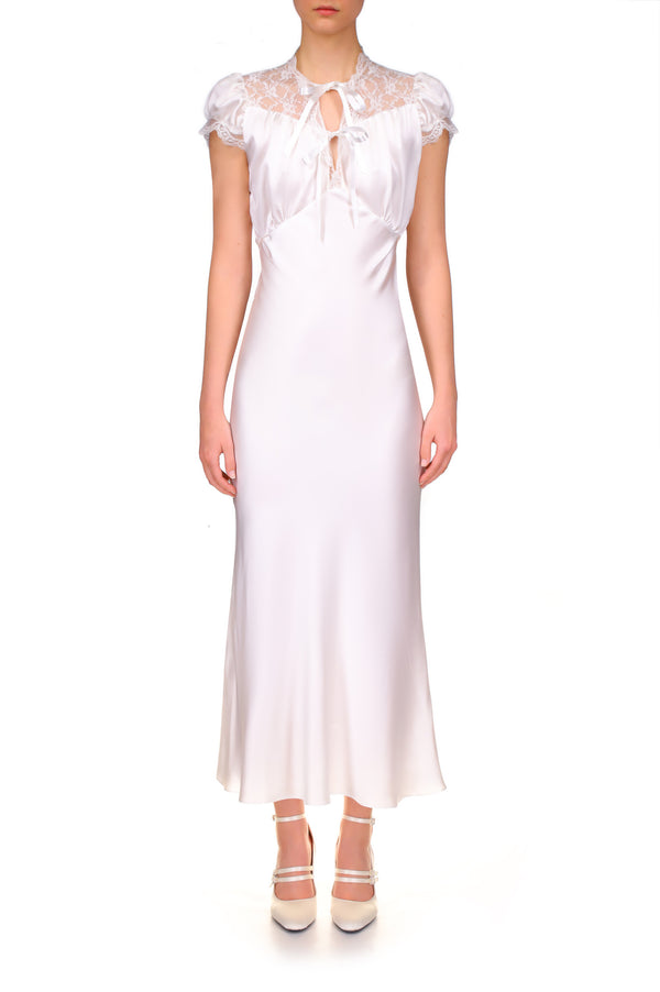 rodarte Off White Silk Satin Bias Dress With Lace And Ruffle Details