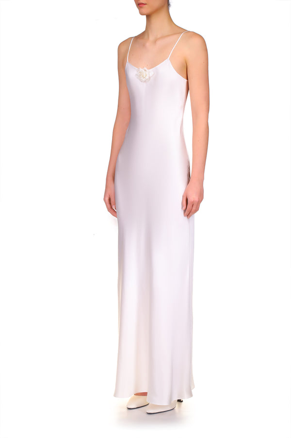 Rodarte Off White Silk Satin Bias Slip Gown With Silk Flower