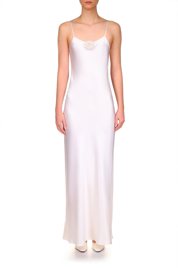 rodarte Off White Silk Satin Bias Slip Gown With Silk Flower