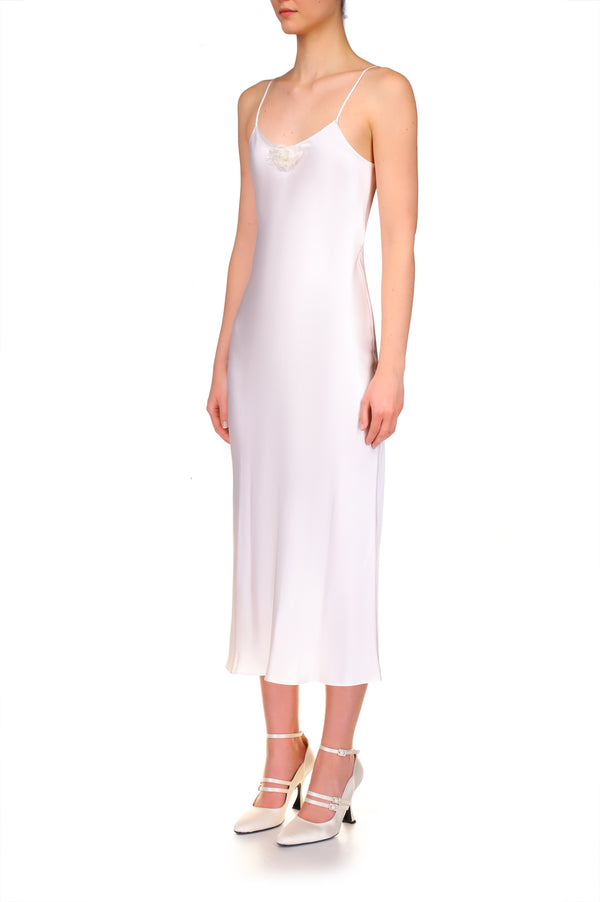 Rodarte Off White Silk Satin Bias Slip With Silk Flower