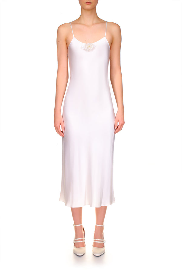 rodarte Off White Silk Satin Bias Slip With Silk Flower