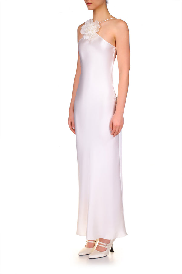 Rodarte Off White Silk Satin Halter Gown With Silk Flower