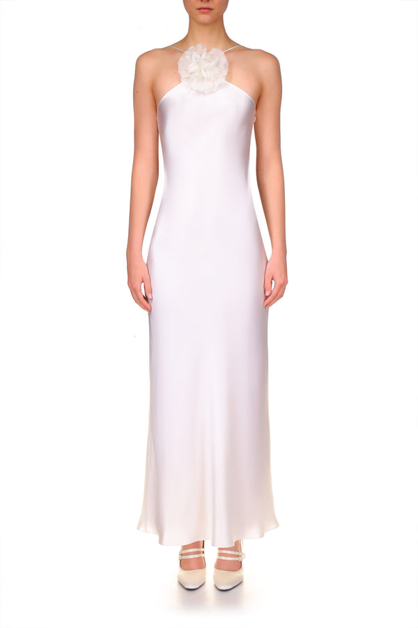 rodarte Off White Silk Satin Halter Gown With Silk Flower