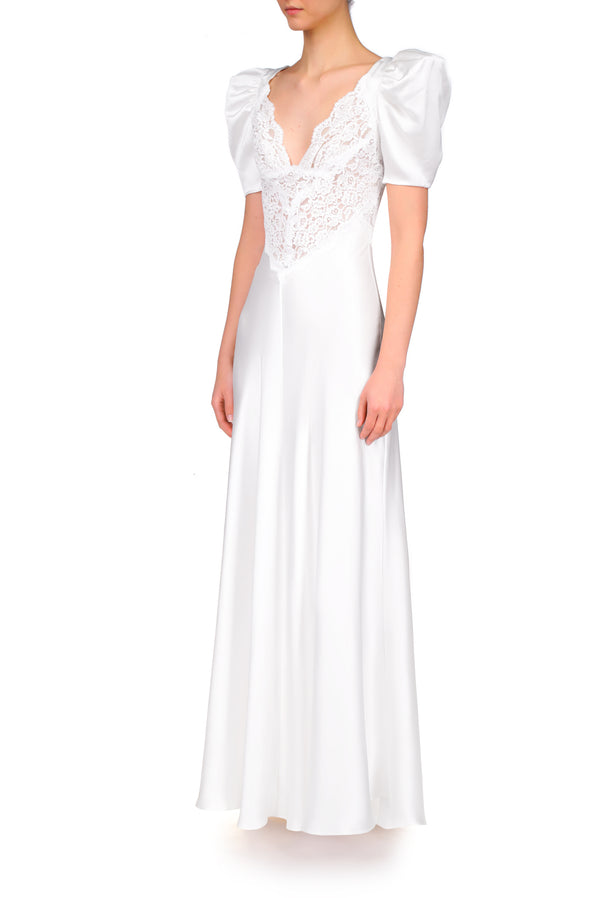 Rodarte Off White Silk Satin Short Sleeve Dress With Lace Details