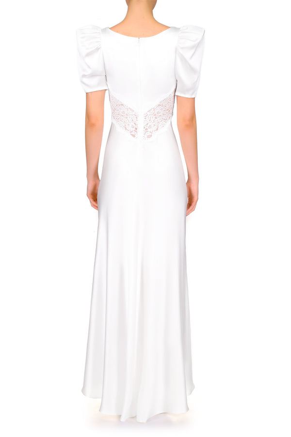 Rodarte Off White Silk Satin Short Sleeve Dress With Lace Details