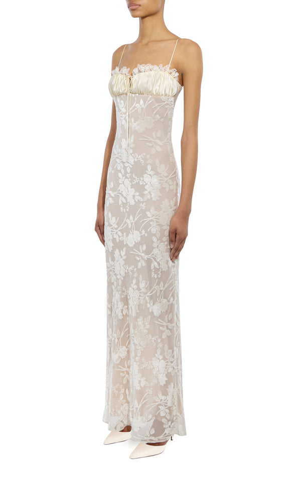 Rodarte Off White Velvet Devoré And Lace Slip Gown With Silk Charmeuse Detail