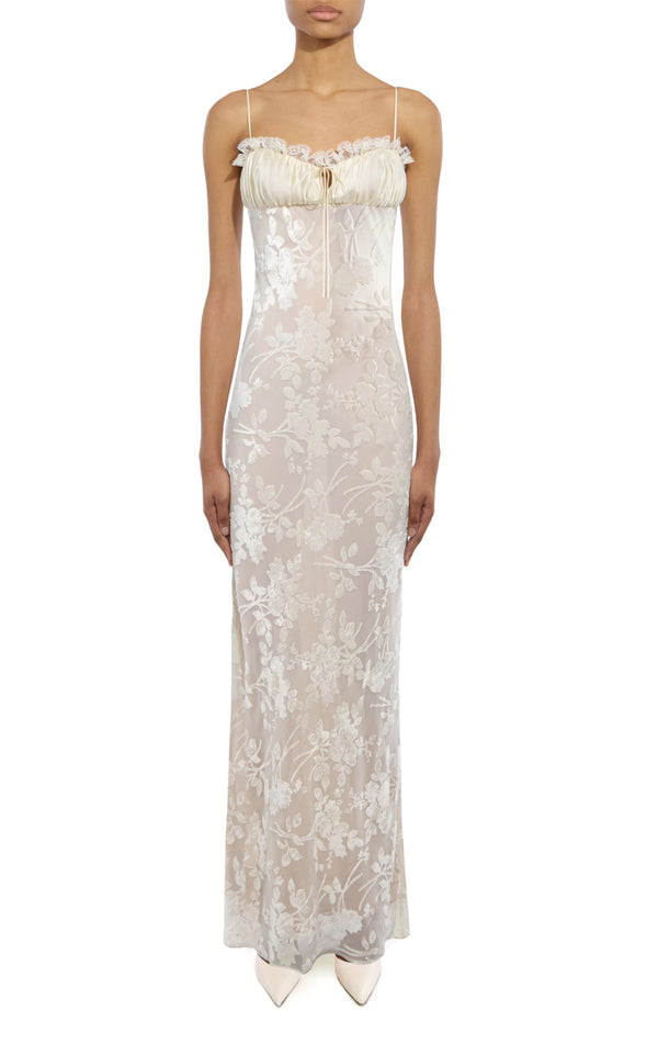 rodarte Off White Velvet Devoré and Lace Slip Gown With Silk Charmeuse Detail