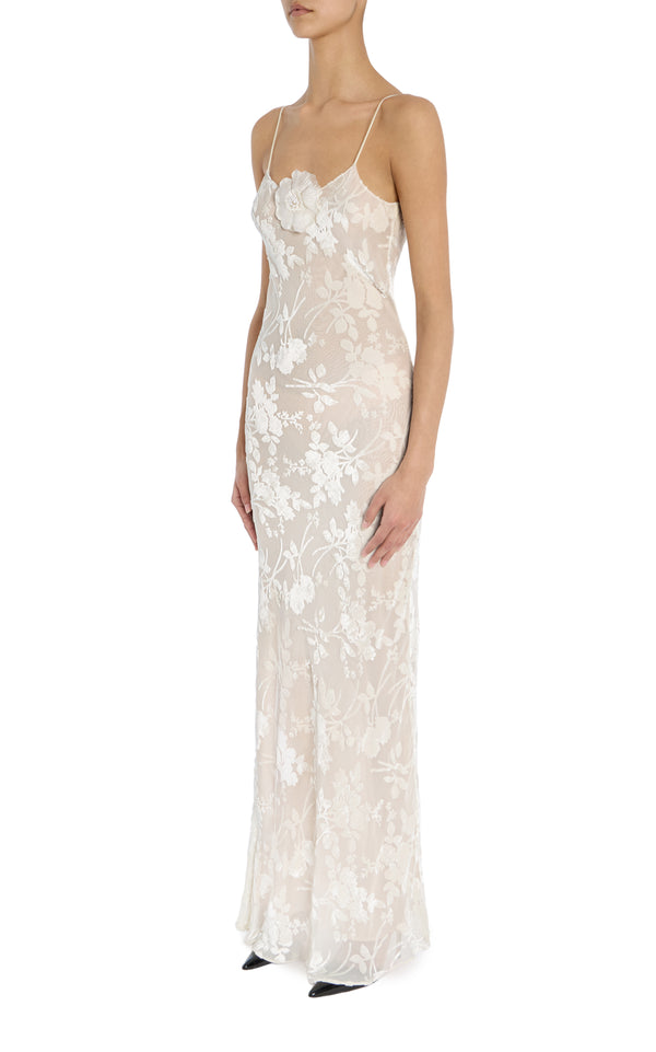 Rodarte Off White Velvet Devoré Slip Gown With Silk Flower Pin