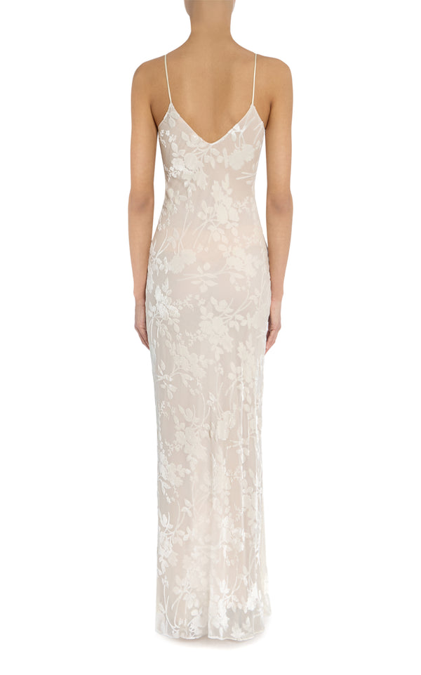 Rodarte Off White Velvet Devoré Slip Gown With Silk Flower Pin