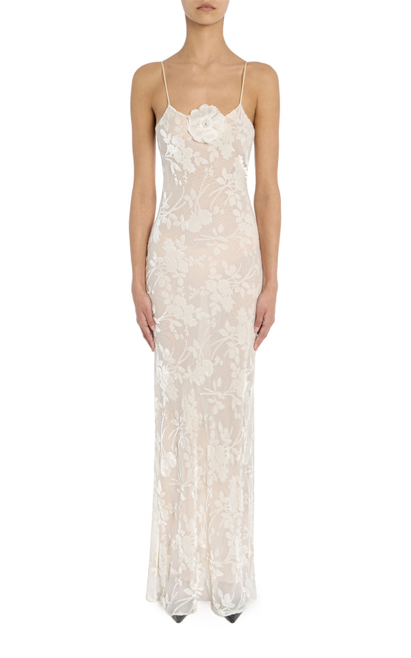 rodarte Off White Velvet Devoré Slip Gown With Silk Flower Pin