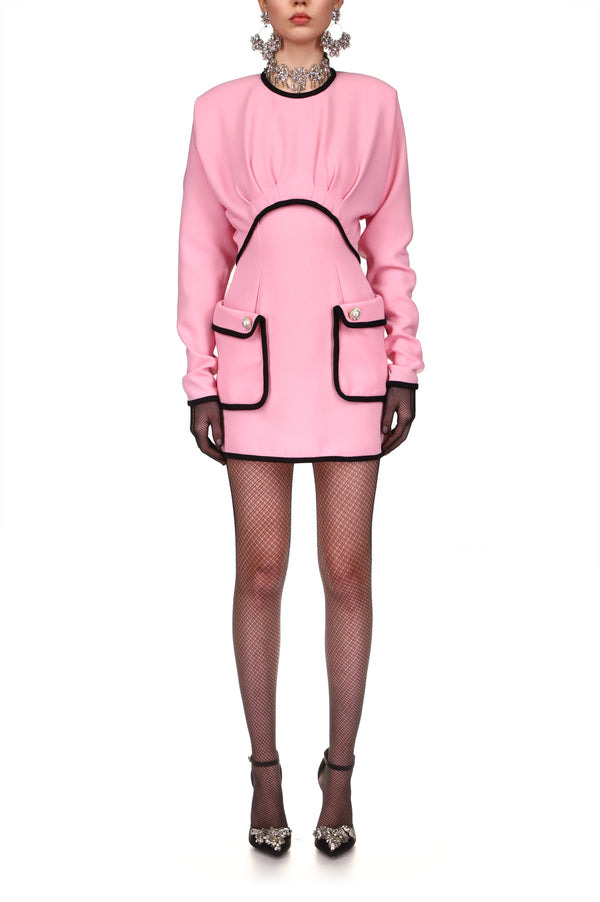 rodarte Pink And Black Wool Batwing Dress With Pearl Buttons