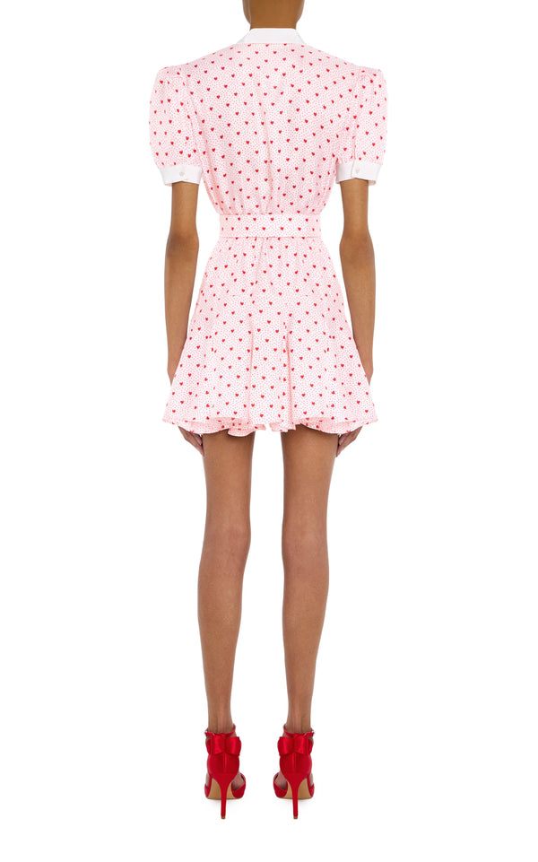 Rodarte Pink And Red Heart Print Silk Twill Collared Mini Dress With Belt Detail And Flower