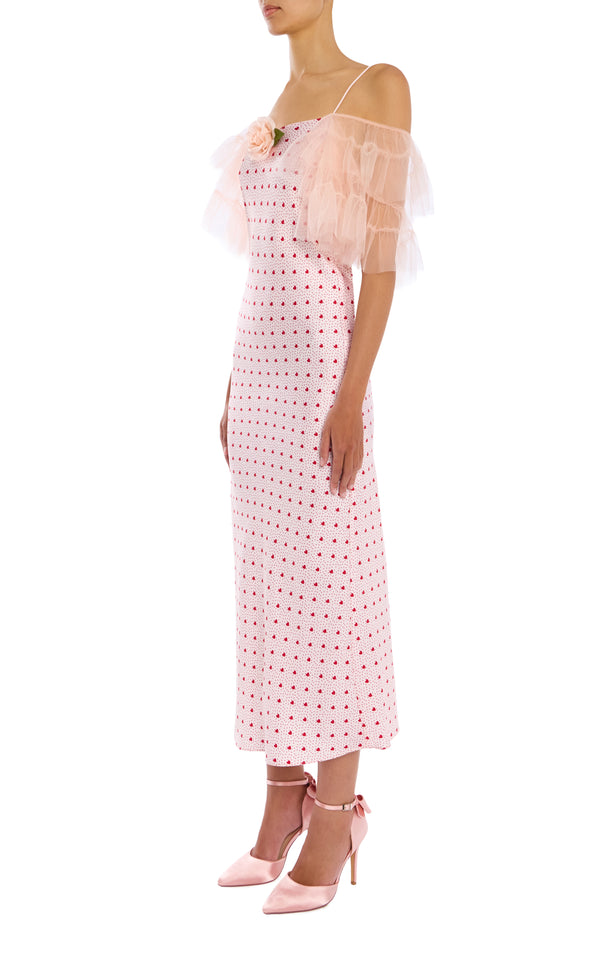 Rodarte Pink And Red Printed Heart Silk Bias Slip Dress With Ruffle Sleeves And Silk Flower