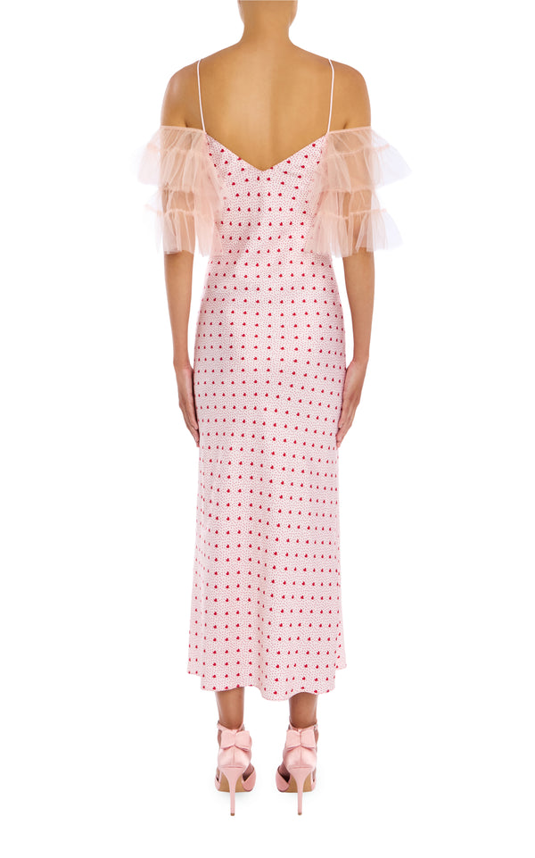 Rodarte Pink And Red Printed Heart Silk Bias Slip Dress With Ruffle Sleeves And Silk Flower