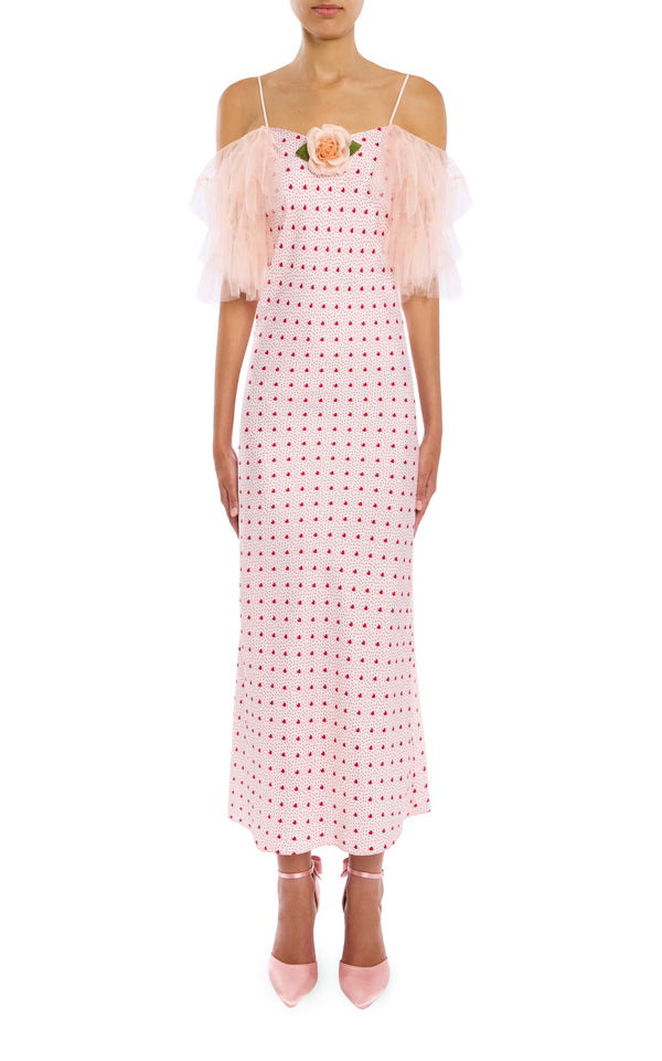 rodarte Pink and Red Printed Heart Silk Bias Slip Dress With Ruffle Sleeves And Silk Flower