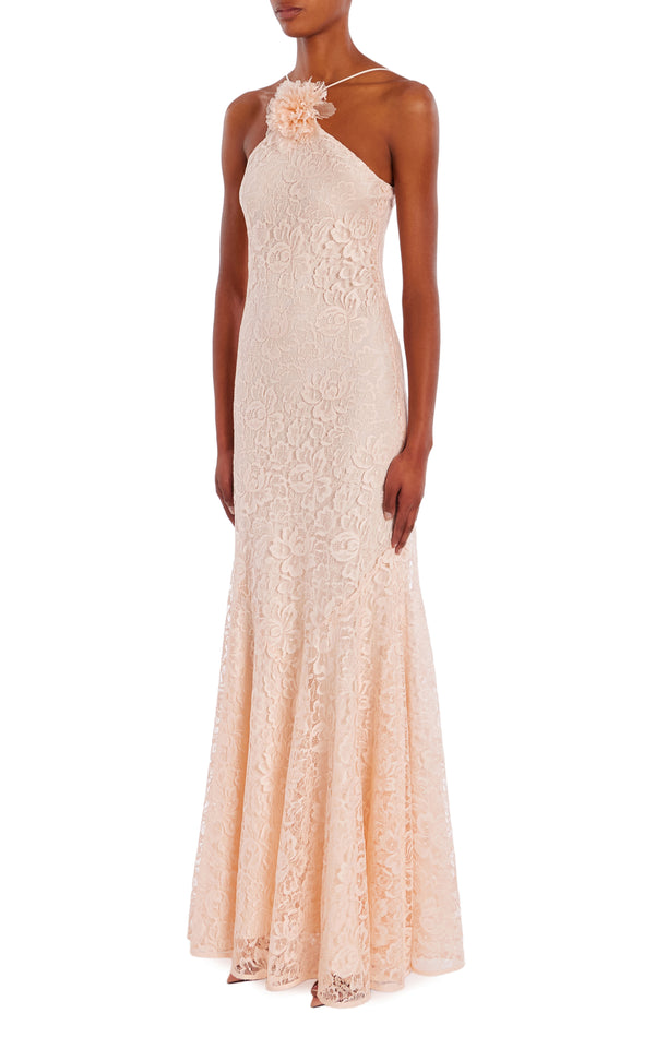 Rodarte Pink French Levers Lace Halter Gown With Flower