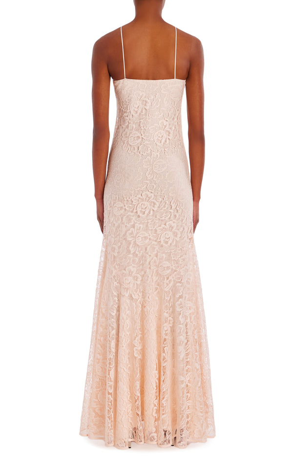 Rodarte Pink French Levers Lace Halter Gown With Flower