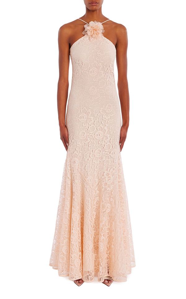 rodarte Pink French Levers Lace Halter Gown with Flower