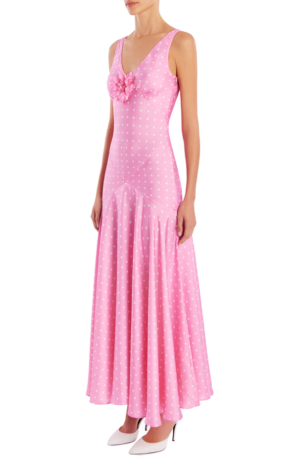 Rodarte Pink Polka Dot Silk Twill Bias Dress With Flower Detail