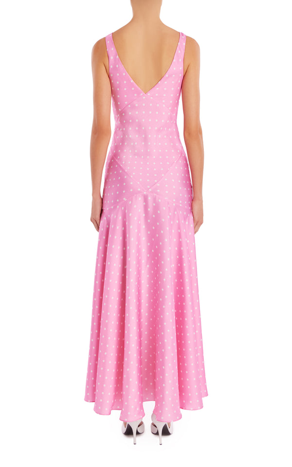 Rodarte Pink Polka Dot Silk Twill Bias Dress With Flower Detail