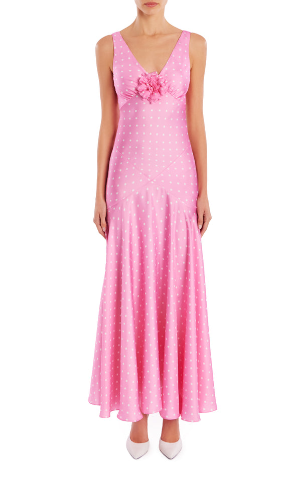 rodarte Pink Polka Dot Silk Twill Bias Dress With Flower Detail