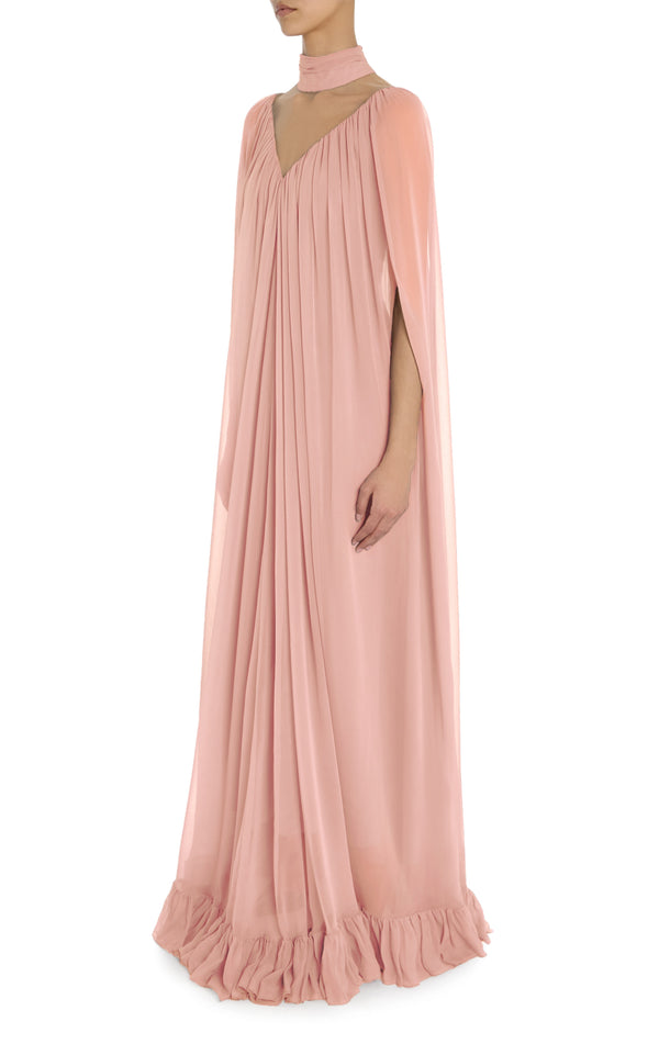 Rodarte Pink Silk Chiffon Cape Gown With Ruffle Detail