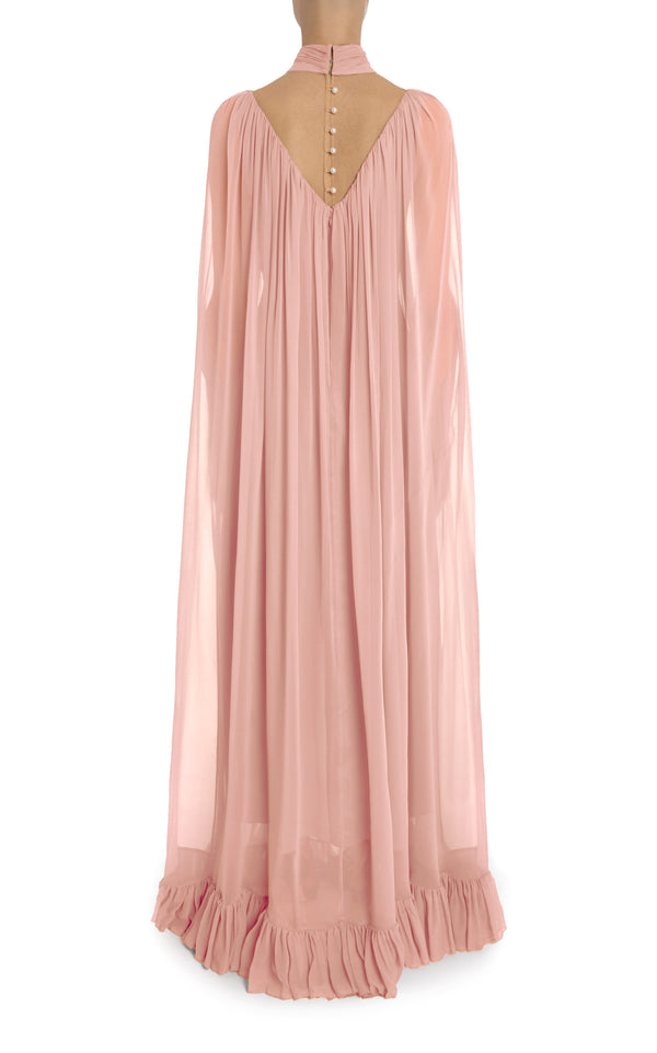Rodarte Pink Silk Chiffon Cape Gown With Ruffle Detail