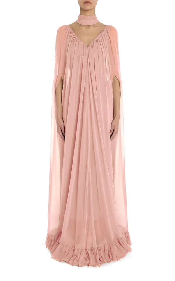 rodarte Pink Silk Chiffon Cape Gown with Ruffle Detail