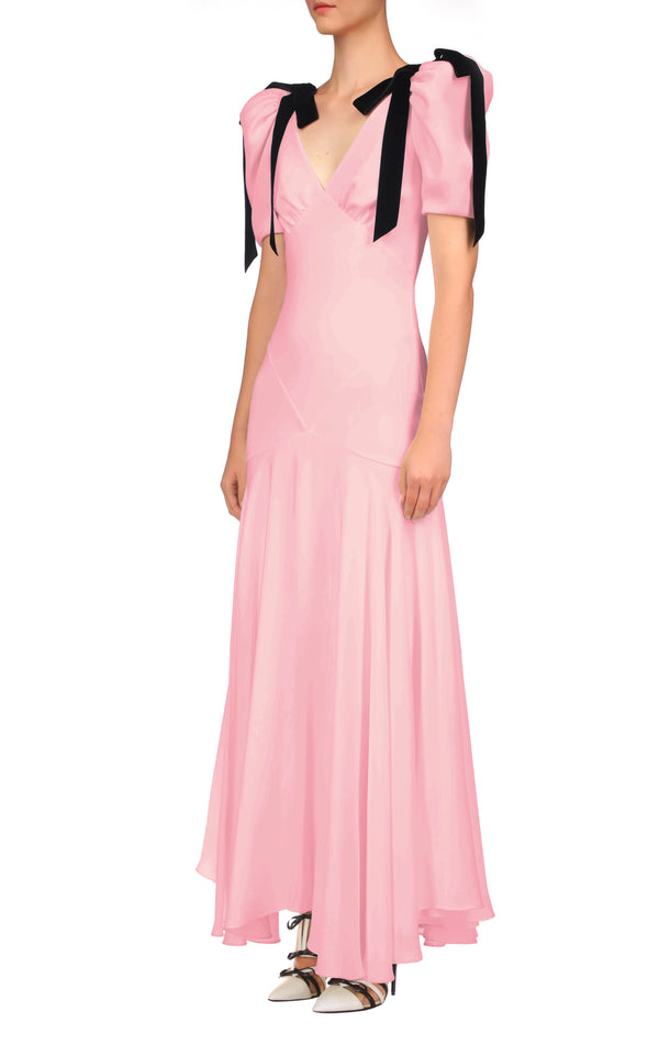 Rodarte Pink Silk Crepe Bias Dress With Black Velvet Bow Detail