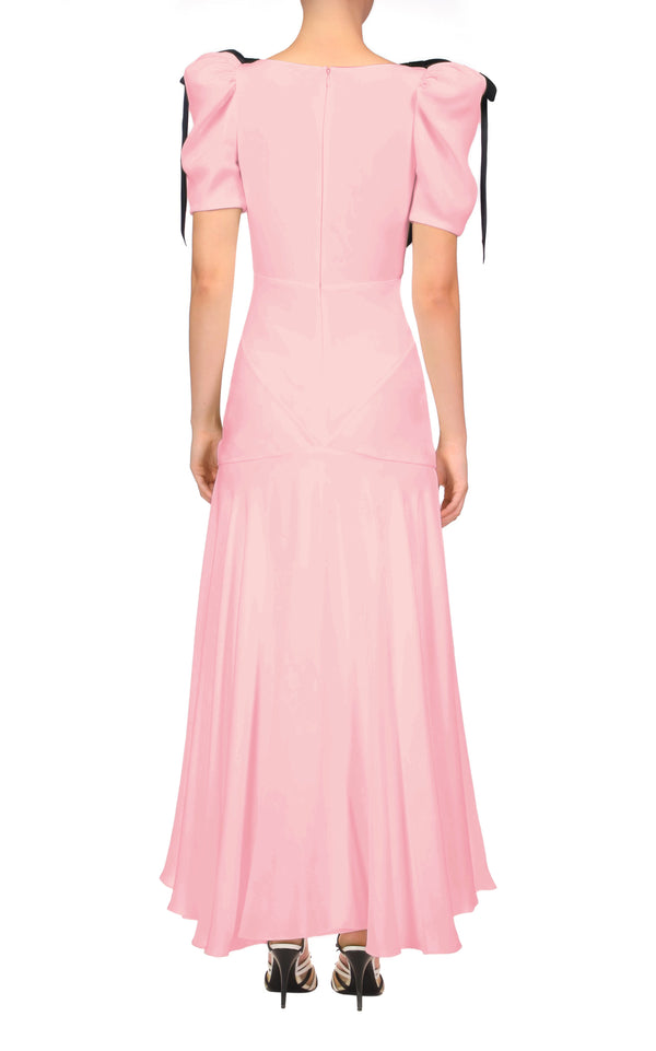 Rodarte Pink Silk Crepe Bias Dress With Black Velvet Bow Detail