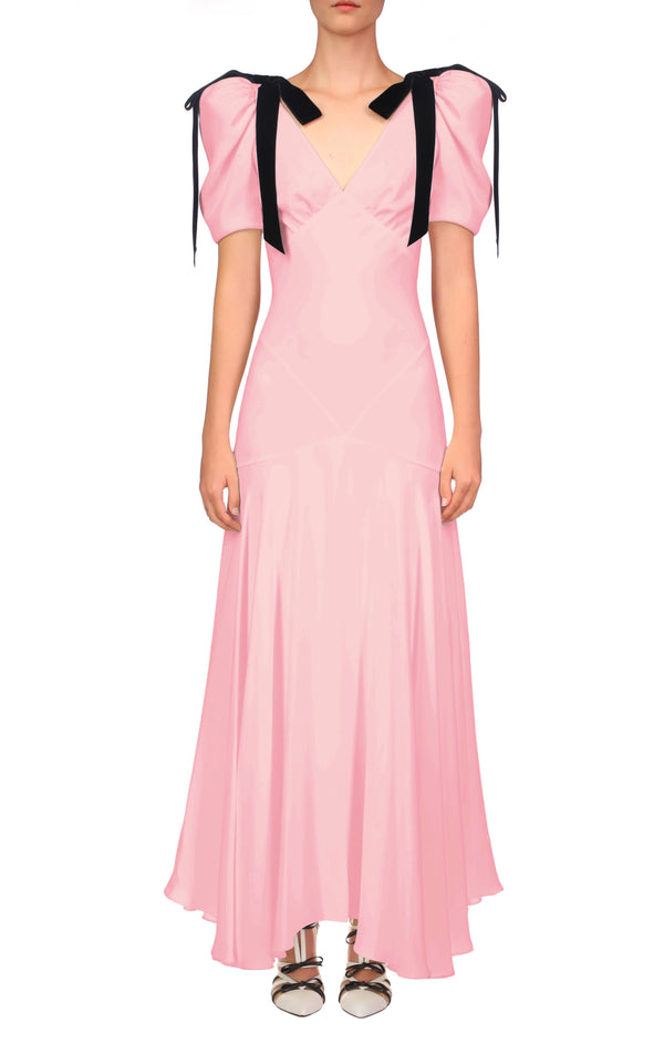 rodarte Pink Silk Crepe Bias Dress With Black Velvet Bow Detail rodarte Pink Silk Crepe Bias Dress With Black Velvet Bow Detail