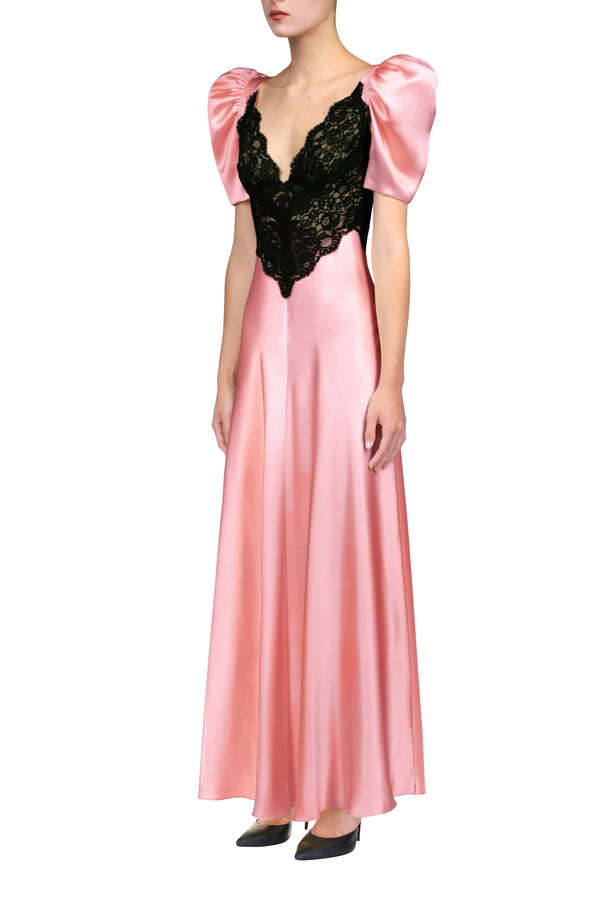 Rodarte Pink Silk Satin Bias Dress With Black Lace Bodice Detail
