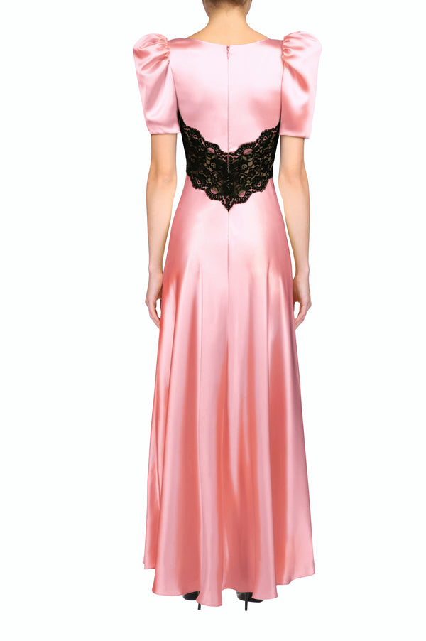 Rodarte Pink Silk Satin Bias Dress With Black Lace Bodice Detail