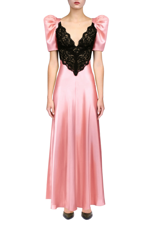 rodarte Pink Silk Satin Bias Dress With Black Lace Bodice Detail rodarte Pink Silk Satin Bias Dress With Black Lace Bodice Detail