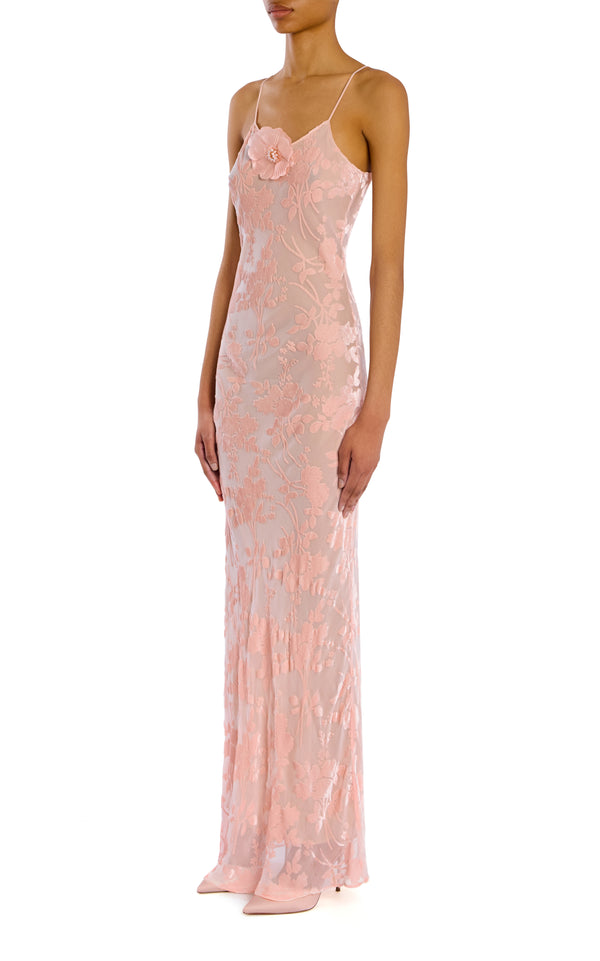 Rodarte Pink Velvet Devoré Slip Gown With Silk Flower Pin
