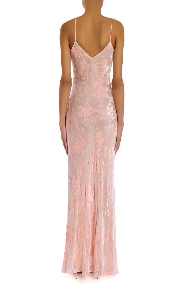 Rodarte Pink Velvet Devoré Slip Gown With Silk Flower Pin