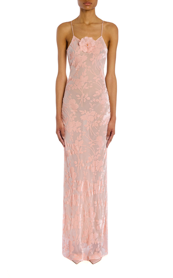 rodarte Pink Velvet Devoré Slip Gown With Silk Flower Pin