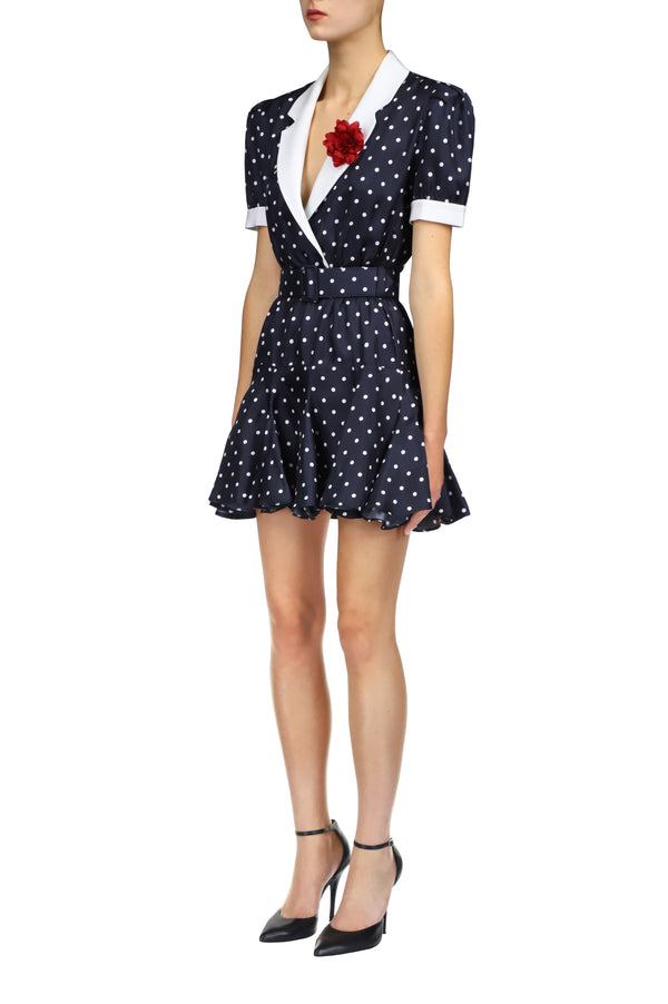 Rodarte Polka Dot Silk Twill Collared Mini Dress With Belt Detail