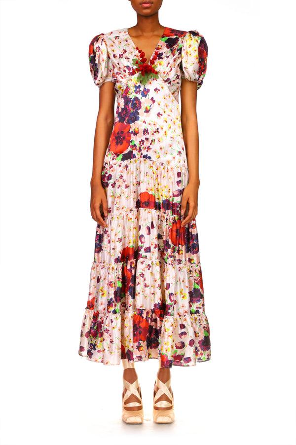 Rodarte Purple And Red Floral Silk Dress With Silk Floral Spray