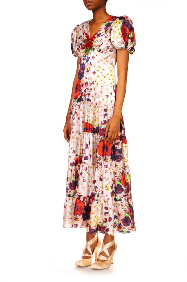 Rodarte Purple And Red Floral Silk Dress With Silk Floral Spray