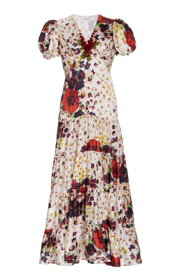 rodarte Purple And Red Floral Silk Dress With Silk Floral Spray