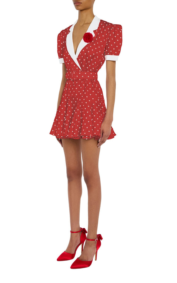 Rodarte Red Heart Print Silk Twill Collared Mini Dress With Belt Detail And Flower