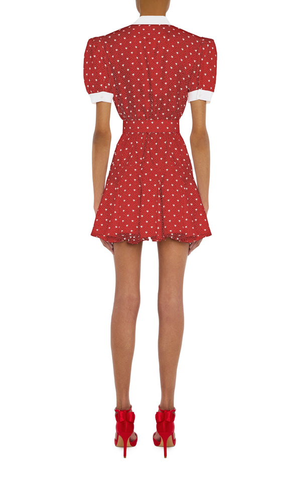 Rodarte Red Heart Print Silk Twill Collared Mini Dress With Belt Detail And Flower