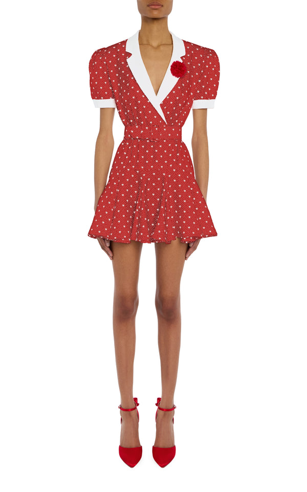 rodarte Red Heart Print Silk Twill Collared Mini Dress With Belt Detail and Flower