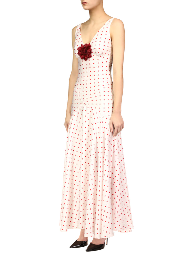 Rodarte Red Polka Dot Silk Twill Bias Dress With Flower Detail