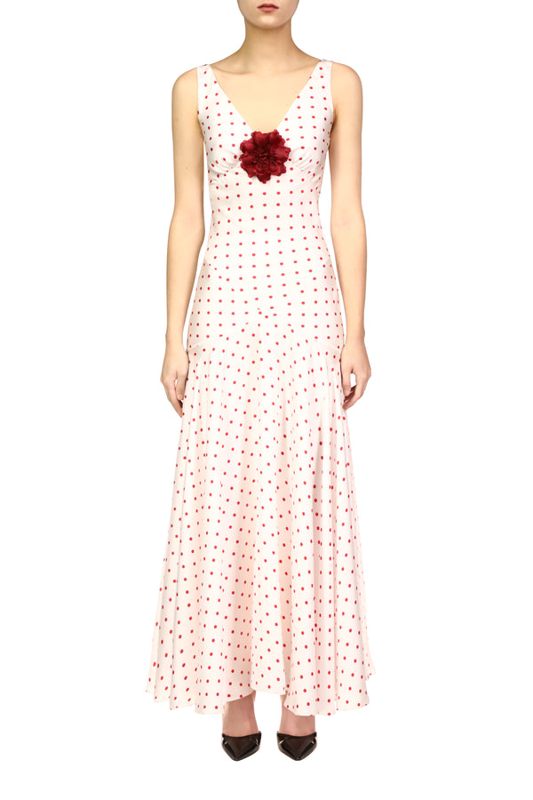 rodarte Red Polka Dot Silk Twill Bias Dress With Flower Detail